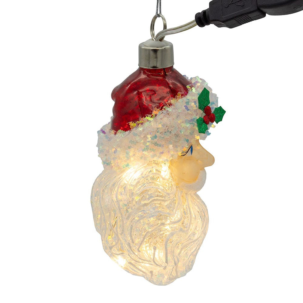 Glass Illuminated Gems USB Warm White LED Fairy Light Santa Head Ornament