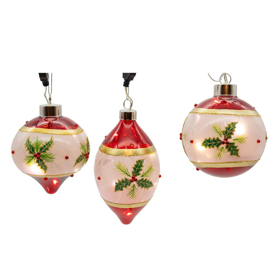 90MM Glass Illuminated Gems USB Warm White LED Fairy Light Holly Leaves Bal, Onion & Finial Ornaments