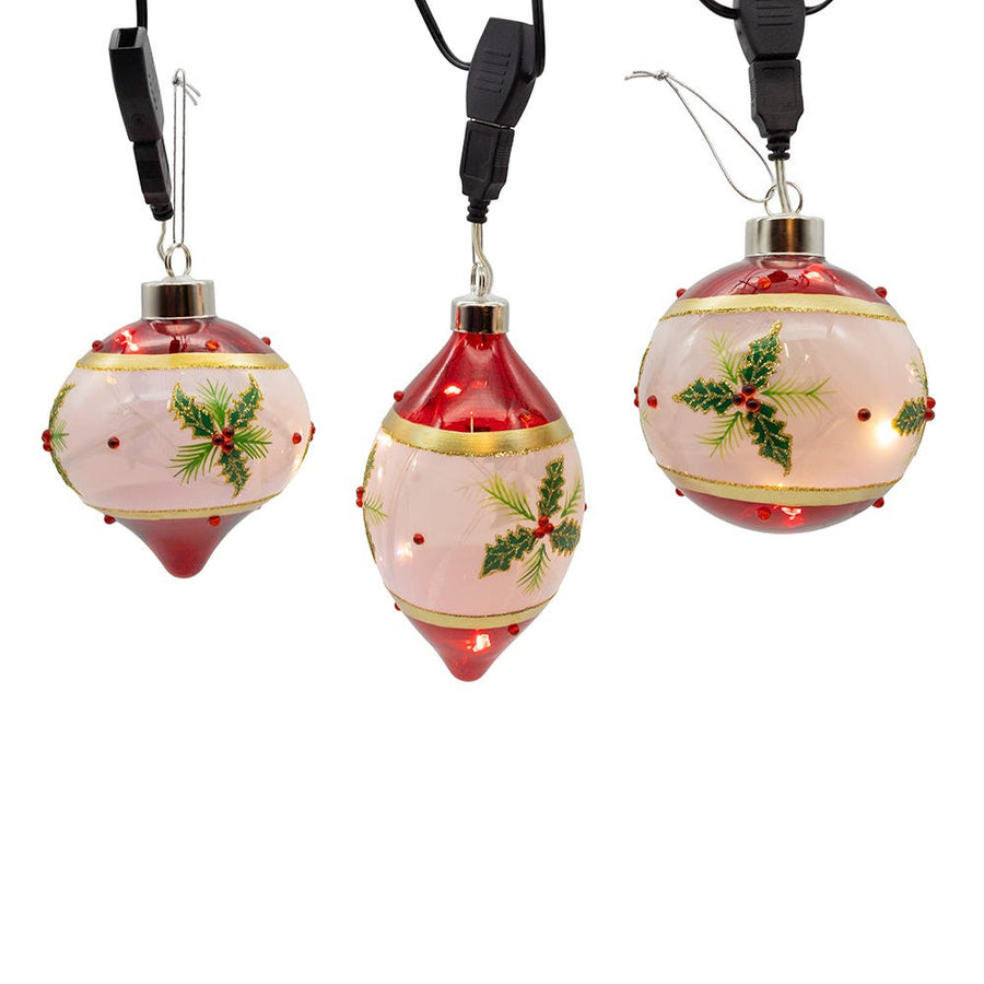 90MM Glass Illuminated Gems USB Warm White LED Fairy Light Holly Leaves Bal, Onion & Finial Ornaments