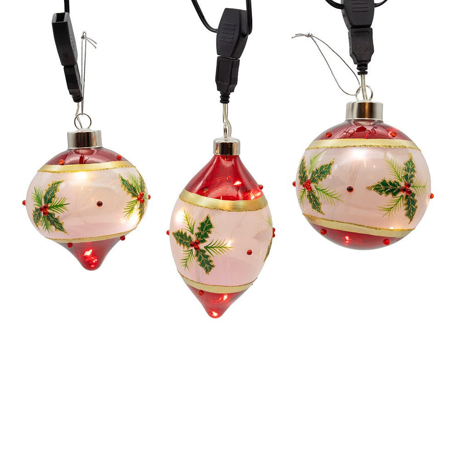 90MM Glass Illuminated Gems USB Warm White LED Fairy Light Holly Leaves Bal, Onion & Finial Ornaments