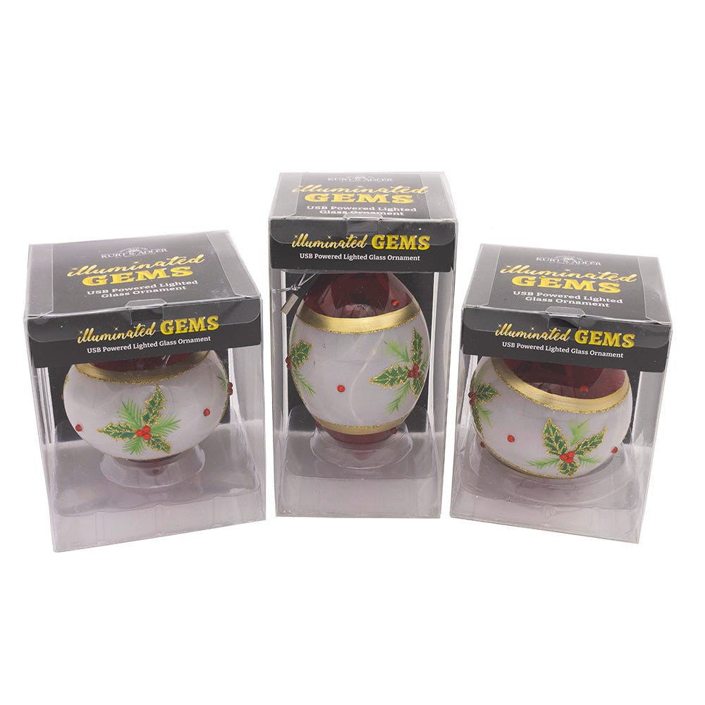 90MM Glass Illuminated Gems USB Warm White LED Fairy Light Holly Leaves Bal, Onion & Finial Ornaments