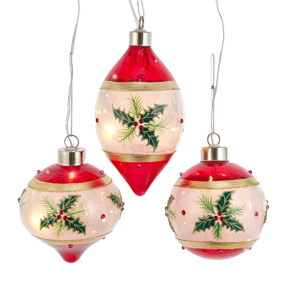 90MM Glass Illuminated Gems USB Warm White LED Fairy Light Holly Leaves Bal, Onion & Finial Ornaments