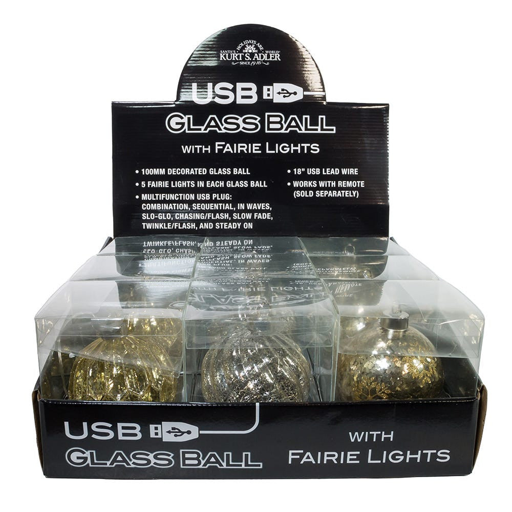 100MM Illuminated Gems Lighted USB Gold and Silver Glass Ball Ornaments