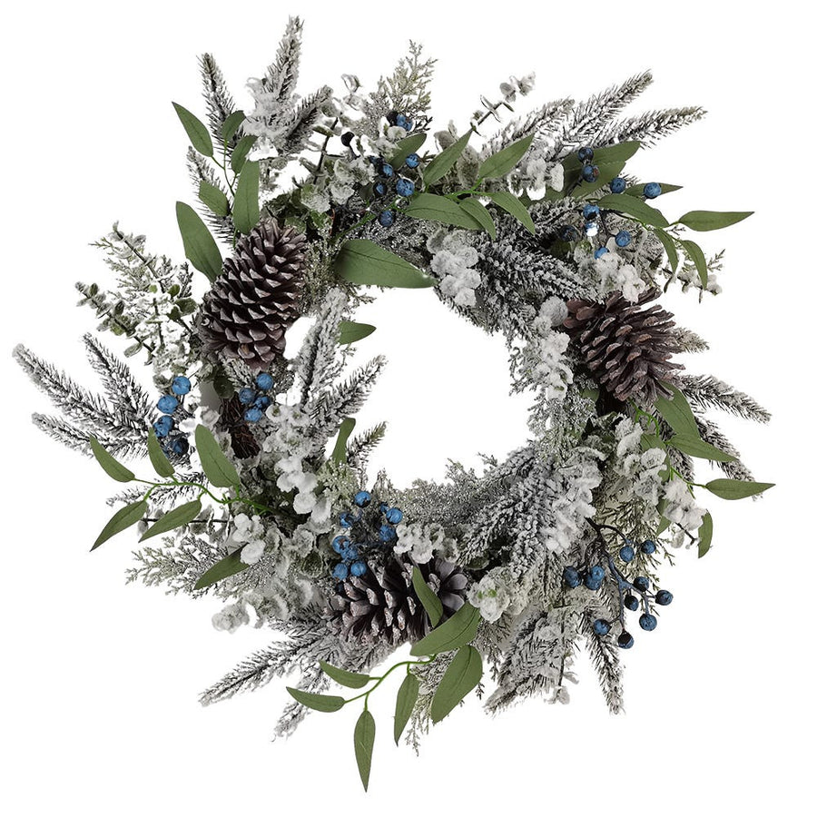 24" Un-Lit Decorated Green Flocked Rattan Wreath With Blueberries