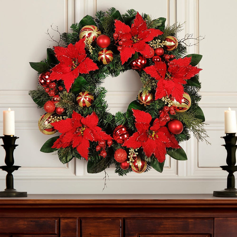 30" Un-Lit Red & Gold Poinsettia Wreath
