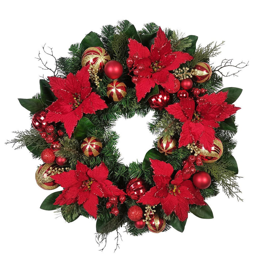 30" Un-Lit Red & Gold Poinsettia Wreath