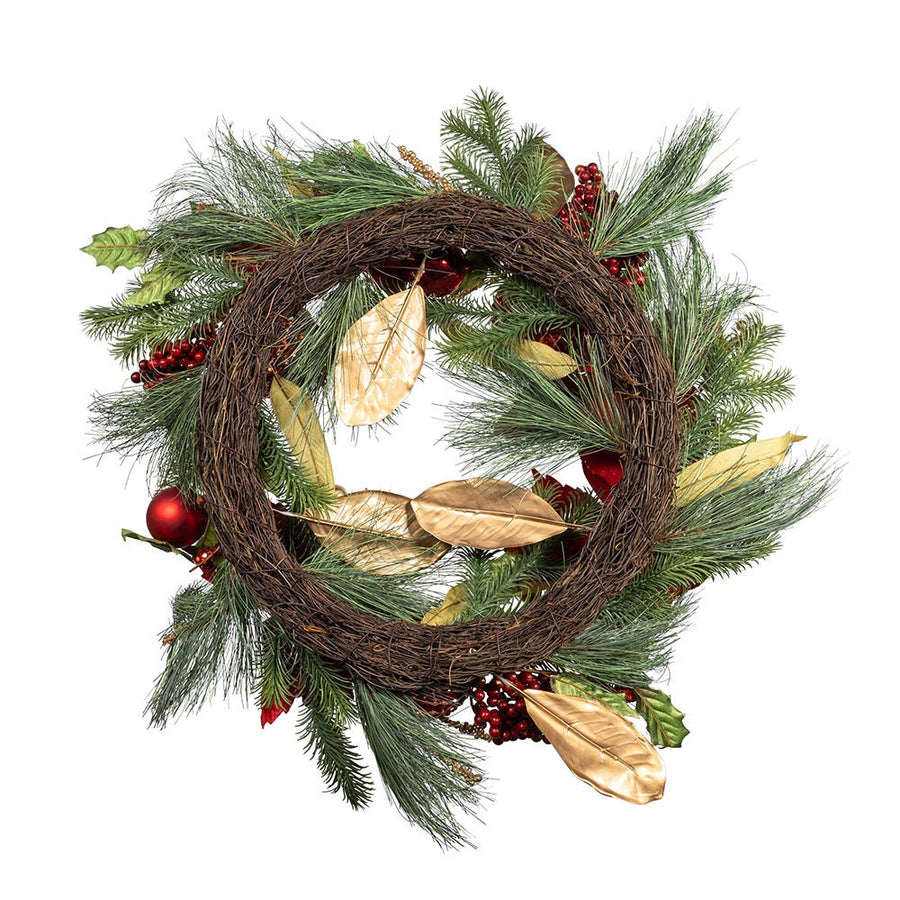 24" Un-Lit Gold & Red Poinsettia Wreath