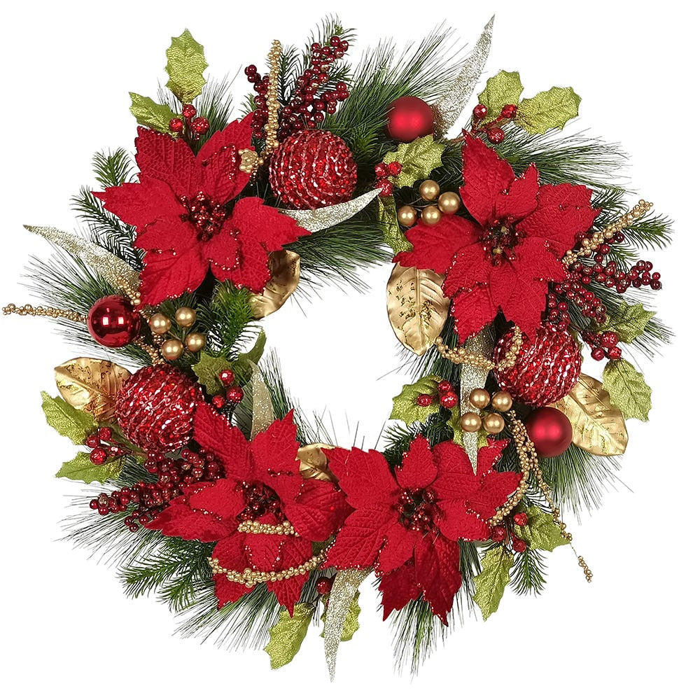 24" Un-Lit Gold & Red Poinsettia Wreath