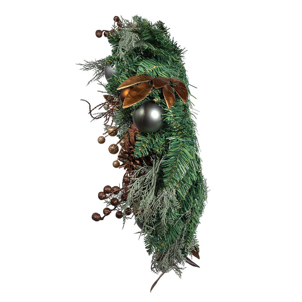 24" Un-Lit Copper & Silver Balls Green Wreath