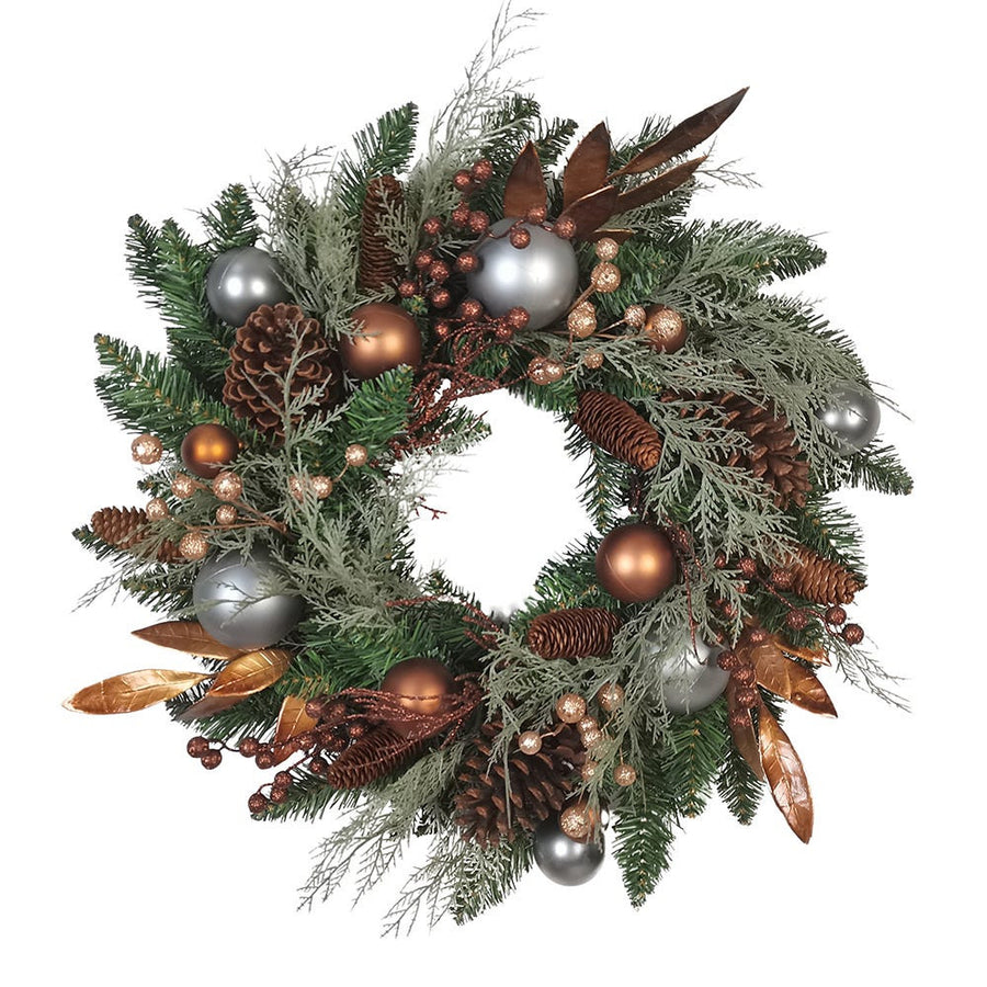 24" Un-Lit Copper & Silver Balls Green Wreath